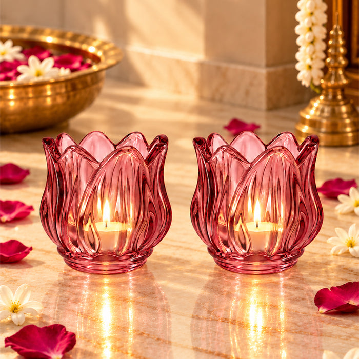 Set of 2 Pink Flower Shaped Glass Votive Candle Holders, Lotus Tea Light Stands for Diwali Decoration & Festive Home Decor (8x6 cm)