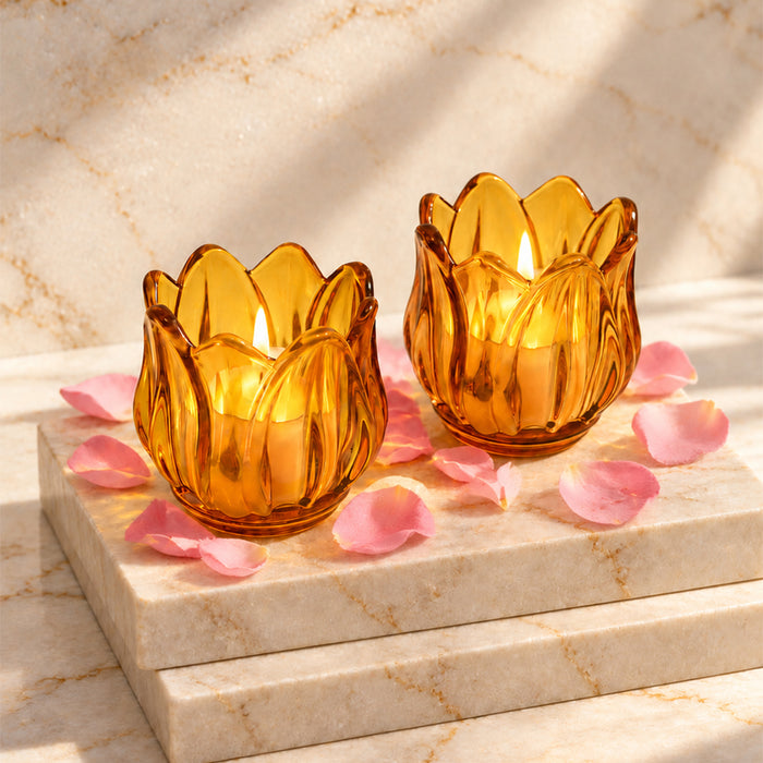 Set of 2 Pink Flower Shaped Glass Votive Candle Holders, Lotus Tea Light Stands for Diwali Decoration & Festive Home Decor (8x6 cm)