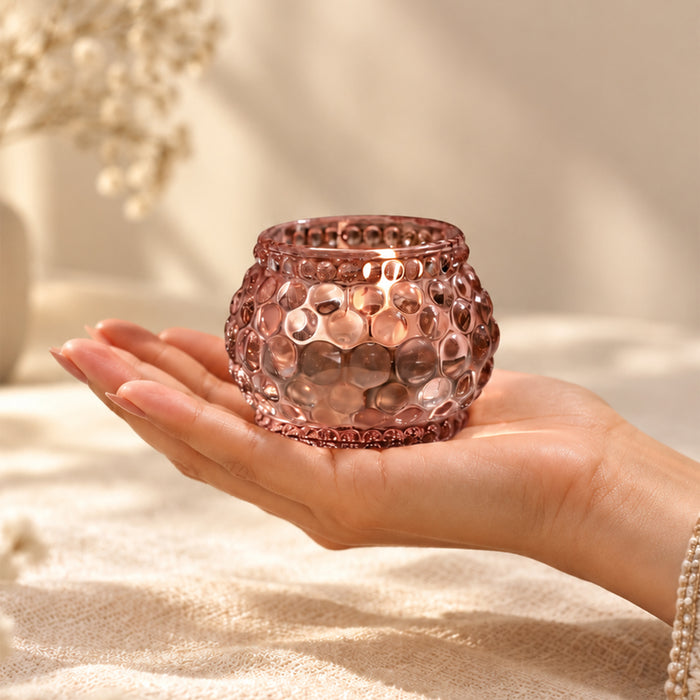 Set of 2 Pink Glass Votive Candle Holders, Decorative Tea Light Holders for Diwali Decoration & Festive Home Decor (5x4.5 cm)