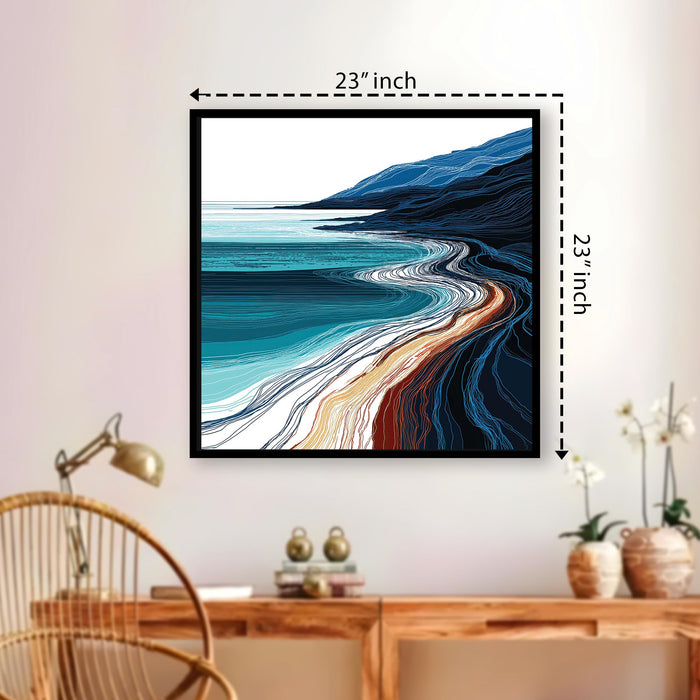 Abstract Ocean Coastline Framed Painting For Living Room | Modern Coastal Seascape Large Canvas Painting With Frame Wall Art For Bedroom, Hallway's, Office, Hotel, Size 58x58 cm