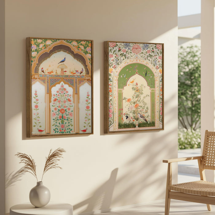 Mughal Jharokha Peacock and Flower Canvas Indian Large Wall Art Painting for Living Room Decoration, Stylish Large Wall Art Print for Wall Decor (Set of 2, 58x89 cm)