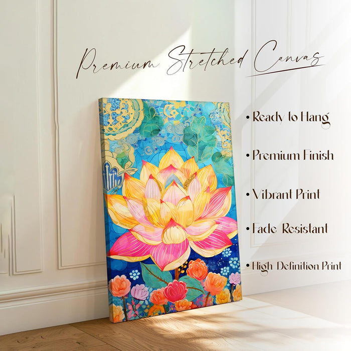 Modern Abstract Multicolor Lotus Flower Art Stretched Canvas Painting with Frame – Canvas Wall Art – 23x35 Inch Framed Canvas