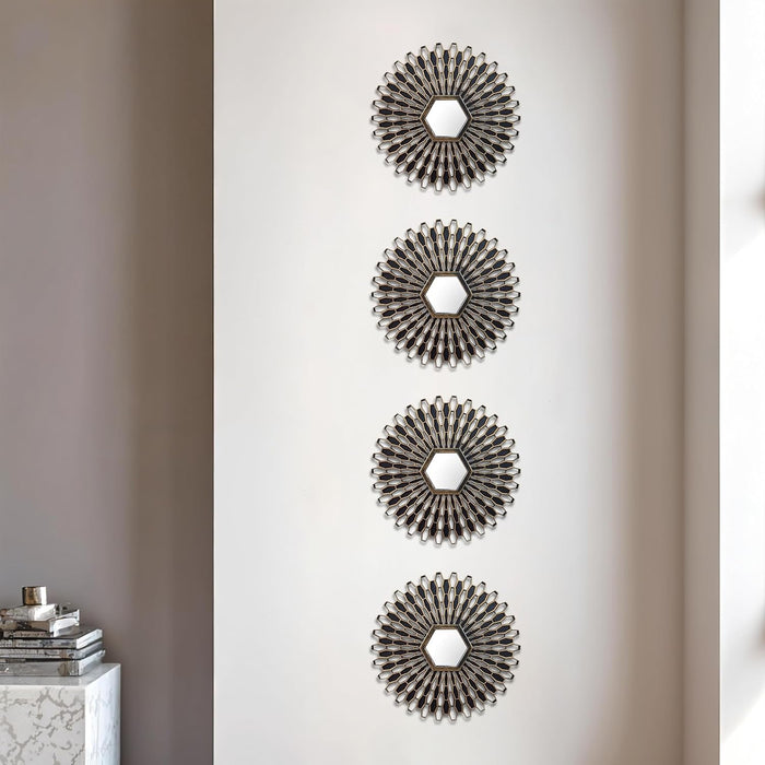 Decorative Wall Framed Mirror, Set of 4 Round Gold & Black, Wall Hanging Mirrors (10 X 10 Inchs)