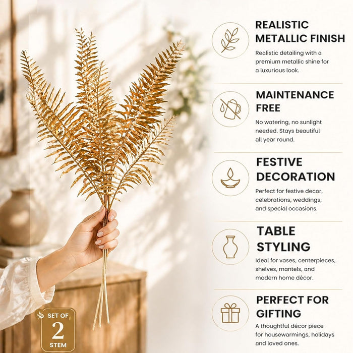 Art Street Artificial Golden Fern Stems (Set of 2) – Metallic Plastic Decorative Leaves for Home Décor, Vase