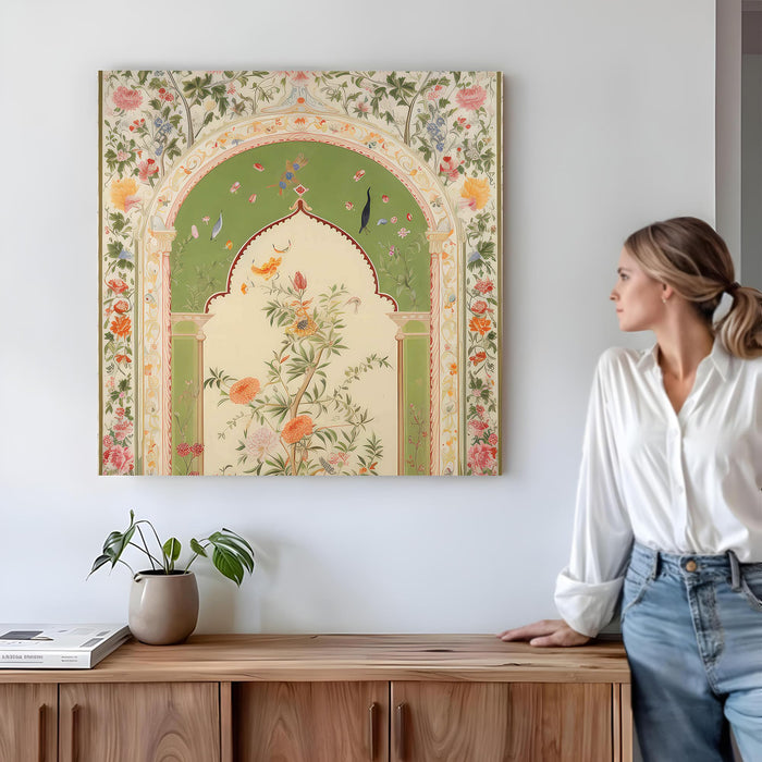 Traditional Indian Mughal Art Stretched Canvas Wall Art Painting For LIving Room, Pichwai Floral Jharokha Design with Enchanted Blossoms & Birds for Living Room, Office & Home (56xx56 cm)