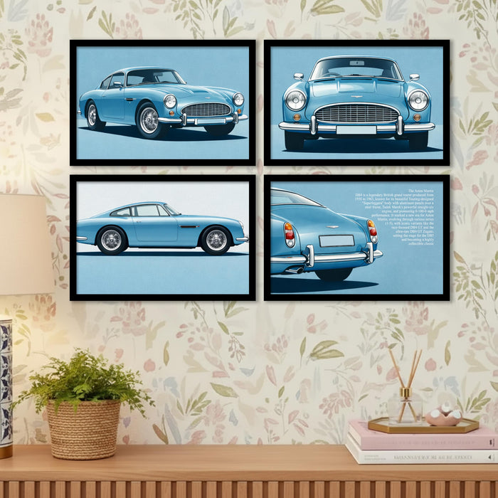 Classic British Luxury Car Framed Wall Art Painting Set of 4 | Retro Blue Automobile Illustration Prints for Living Room, Office & Studio Décor, 23x32 cm