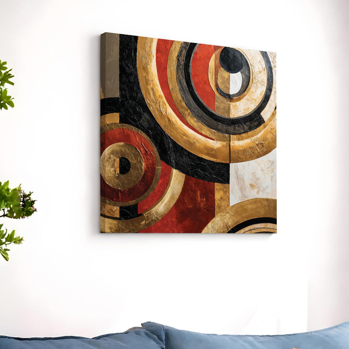 Gold & Red Abstract Geometric Stretched Canvas Wall Art Painting For Living Room, Textured Metallic Circles Painting, Modern Home Decor for Living Room, Office & Hallway (56xx56 cm)