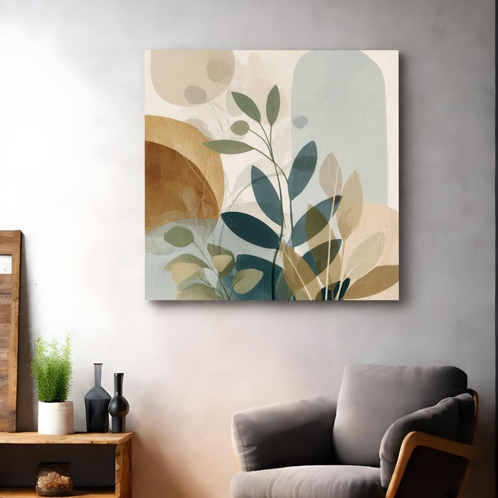 Abstract Botanical Stretched Canvas Wall Art Painting For Living room, Modern Boho Sage Green & Earth Tone Floral Print, Minimalist Nature for Living Room, Bedroom & Office Decor (56xx56 cm)