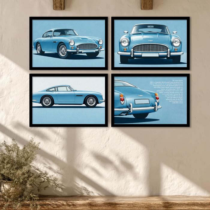 Classic British Luxury Car Framed Wall Art Painting Set of 4 | Retro Blue Automobile Illustration Prints for Living Room, Office & Studio Décor, 23x32 cm