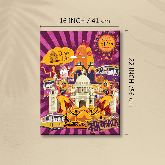 Kolkata Landmarks Collage Mixed Media Canvas Wall Painting | Travel pop art Canvas Wall Painting For Home and Office Wall Décor (41x56 cm)