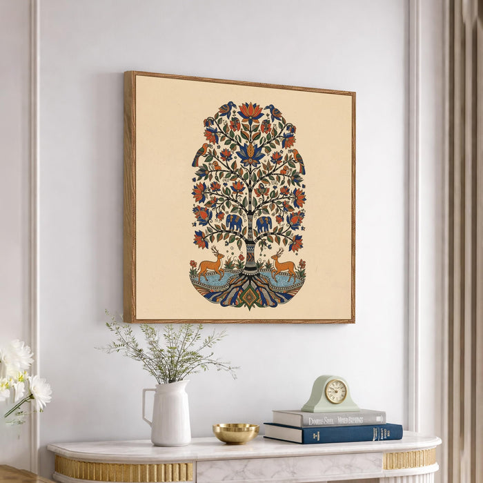 Kalamkari Tree of Life Framed Painting For Living Room | Madhubani Folk Animal Tree Large Canvas Painting With Frame Wall Art For Bedroom, Hallway's, Office, Hotel, Size 58x58 cm