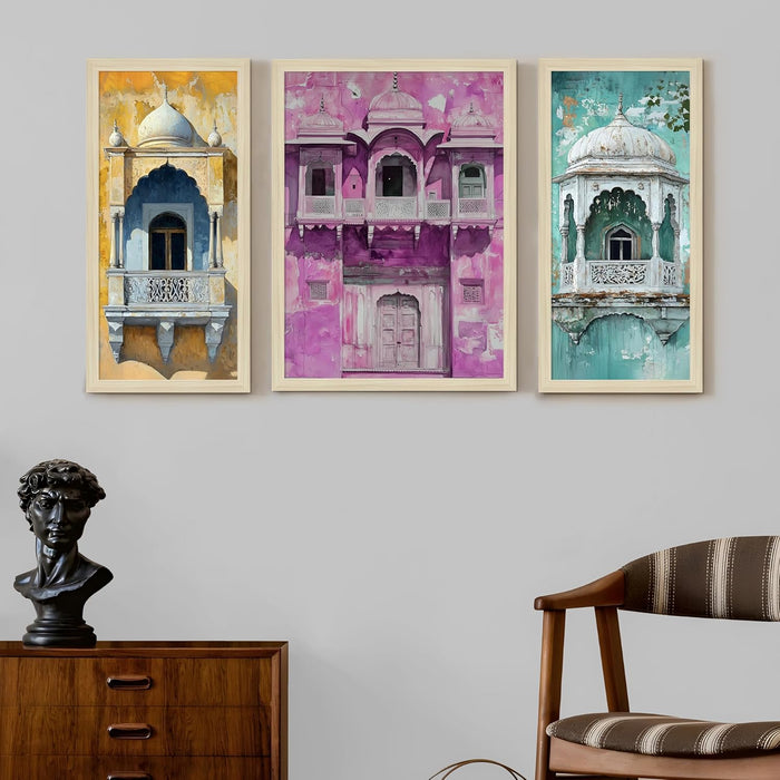 Botanicals Pichwai Framed Wall Art Painting Home Décor Pack Of 3 | Digital Scenery Painting with Frame, Set Of 3 22x46 cm, 33x44 cm