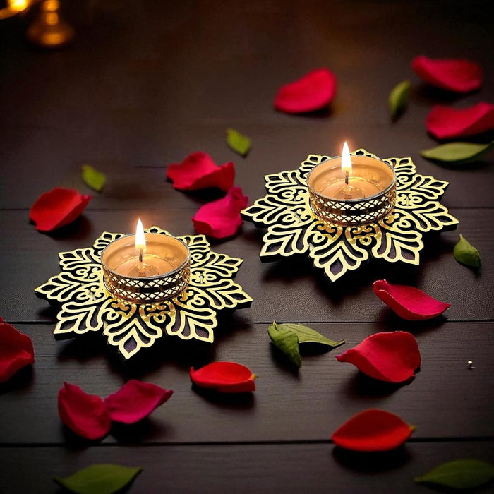 Decorative Diwali Tealight Diya Holders for Home Decoration, Dipawali Décor Items, Diwali Temple Decoration - MDF Wood Tea Light Candle Holder Stand Flower-shaped stands –11x11 cm