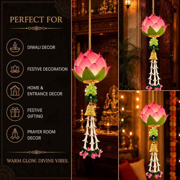 Pink Lotus LED Hanging Lantern Light for Diwali Decoration, Festive Home Decor, Mandir, Puja Room & Traditional Indian Festival Decoration