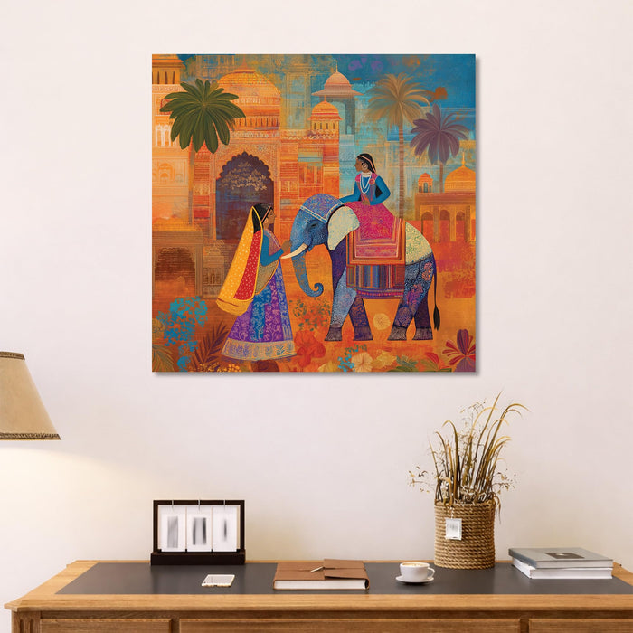 Royal Indian Elephant & Mughal Palace Stretched Wall Art Painting For Living Room, Traditional Rajasthani Folk Print Featuring Ethnic Women & Haveli Architecture For Home Decor (56xx56 cm)