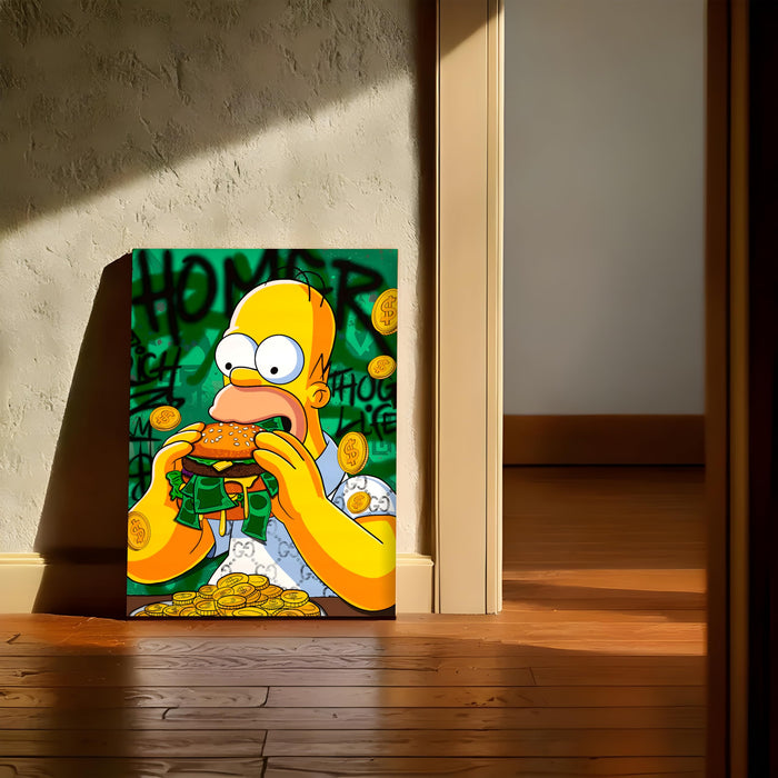 Funny Money Burger Pop Art Stretched Canvas Painting Print| Cartoon Style Graffiti Wall Art | Modern Humorous Artwork for Home, Café & Office Décor, 41x56 cm