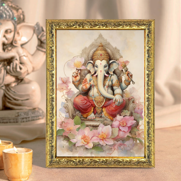 Art Street Lord Ganesha Ji Photo Frame, Poster for Pooja, Gold Plated God Photo Frames, Home Decor Photo Frame (Size: 6x8 Inch, Gold)