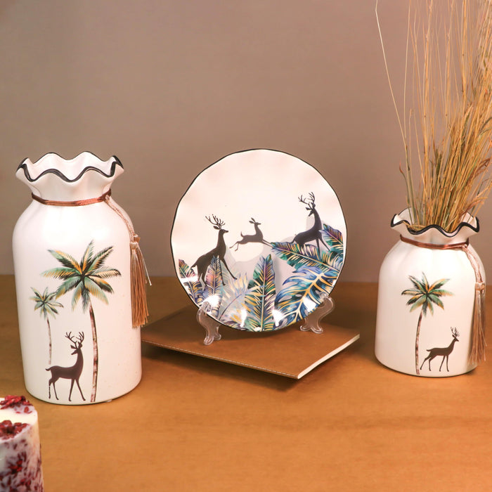 Art Street Deer and Tree Pinted Ceramic Vases and Decorative Plate Combo for Living Room, Wedding Party, Home and Office Décor (White, 4.5x9 Inch and 8x8 Inch)