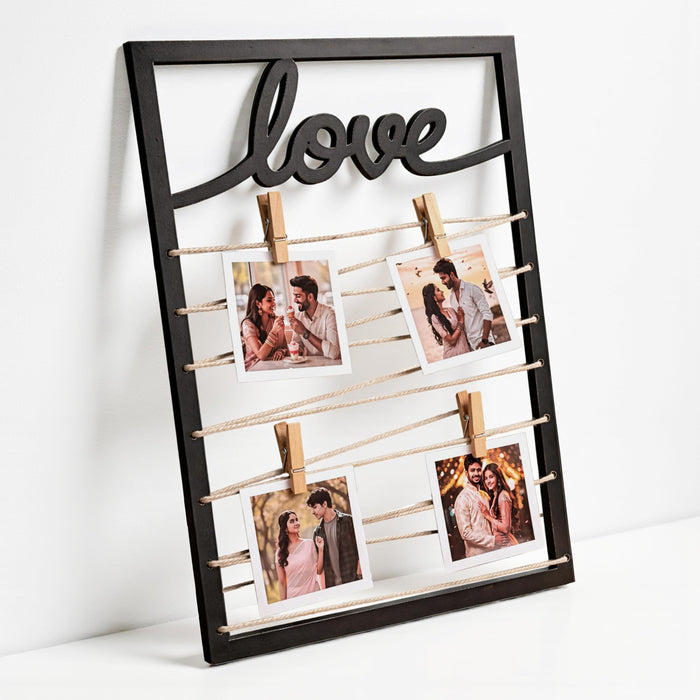 Art Street Love Themed String Photo Frame with Clips, Vertical Wooden Photo Display with Jute Rope 4 Pictures Valentine’s Day Gift Anniversary, Wedding Gift for Couple, Black MDF, 20x30 cm
