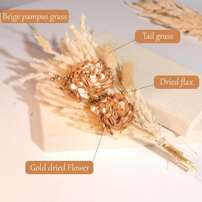 Dried Pampas Grass and Gloden Artificial Flowers Bouquet Boho Dried Flower Arrangement, Natural Dry Floral Bouquet 30 cm