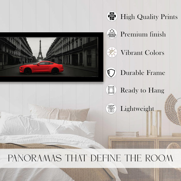 Paris City Racing Car with Eiffel Tower View Wall Art Framed Luxury Paintings for Home Decoration, Living room, Bedroom and Office Decoration (99x38 CM)