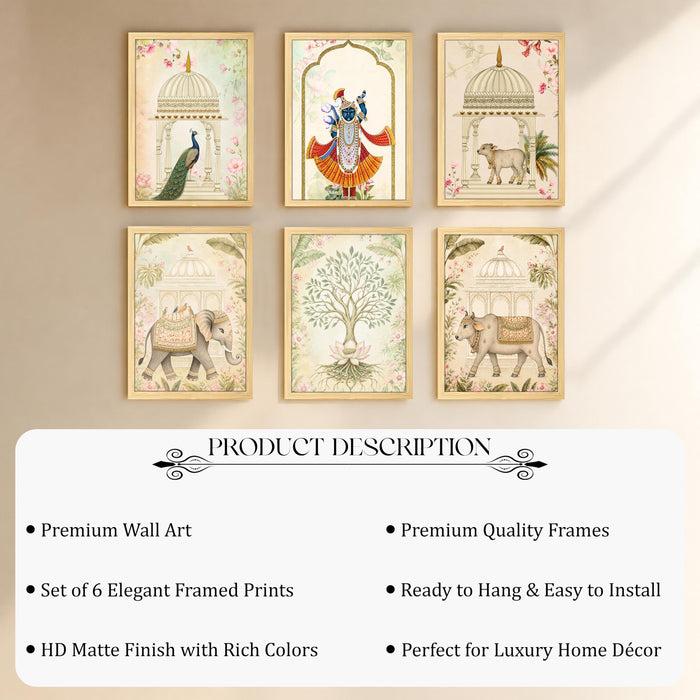 Traditional Shrinathji Pichwai Wall Art Painting, Holy Cow, Elephant & Tree of Life Theme Wooden Framed Wall Art Print for Living Room, Bedroom & Home Decor (Set of 6, 13x9 inch)