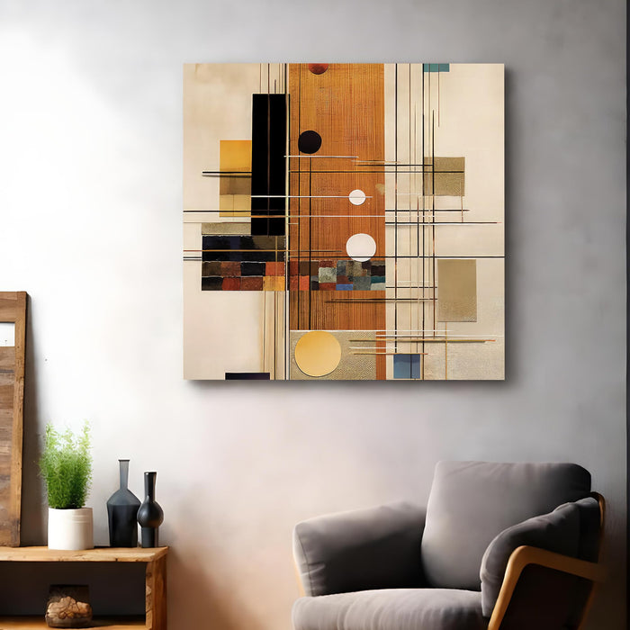 Modern Geometric Abstract Stretched Canvas Wall Art, Mid-Century Modern Textured Painting with Gold, Copper & Black Accents, Large Square Painting for Living Room & Office Decor (56xx56 cm)