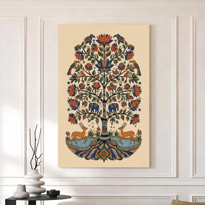 Madhubani Tree of Life Stretched Canvas Painting For Living Room | Indian Folk Nature Stretched Canvas Wall Art For Livingroom Home Decor, Bedroom, Hallway's, Office, Hotel - 56x86 cm