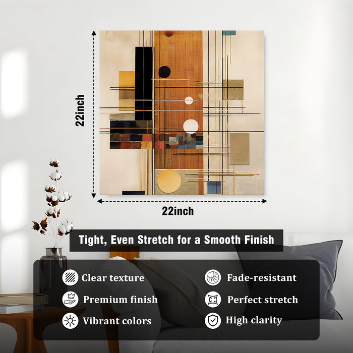 Modern Geometric Abstract Stretched Canvas Wall Art, Mid-Century Modern Textured Painting with Gold, Copper & Black Accents, Large Square Painting for Living Room & Office Decor (56xx56 cm)
