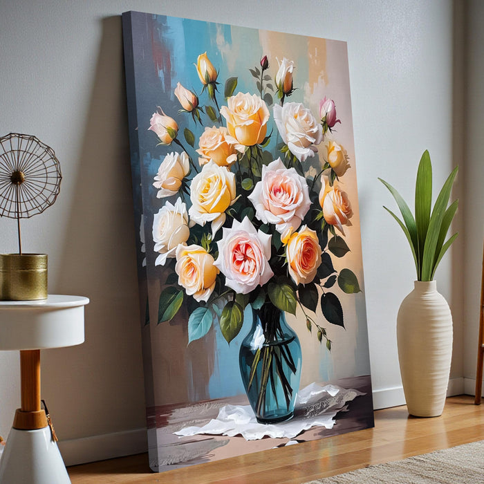 Wall Art Abstract Flower Stretched Canvas Painting Roses in Vase 3D Textured Abstract Paintings for Bedroom Office Wall Décor Hand Painted Canvas Art Floral Decor Painting 61x91 cm