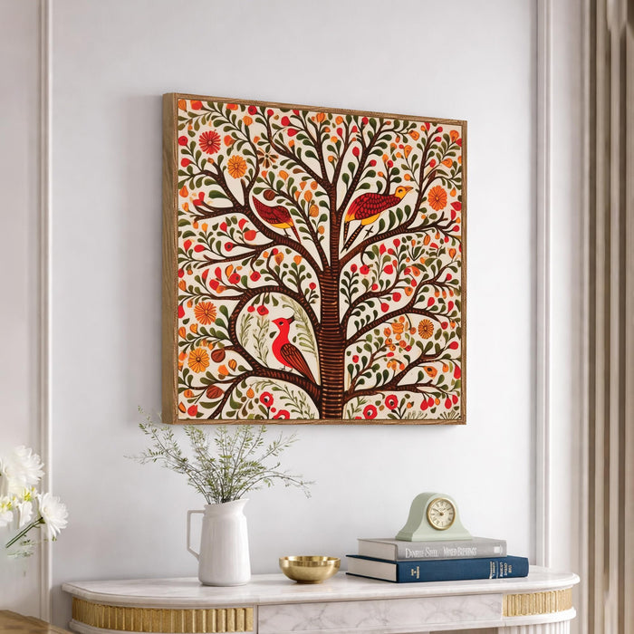 Madhubani Tree of Life Framed Painting For Living Room | Indian Folk Tree and Birds Large Canvas Painting With Frame Wall Art For Bedroom, Hallway's, Office, Hotel, Size 58x58 cm