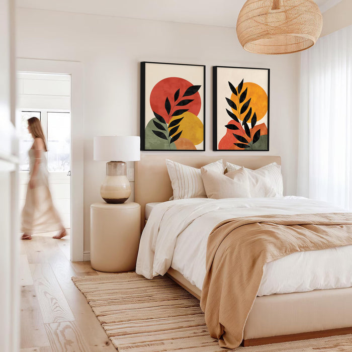 Boho Moon and Sun Leaf Canvas Wall Painting Bohemian Large Wall Art Painting for Living Room Decoration, Stylish Large Wall Art Print for Wall Decor (Set of 2, 58x89 cm)