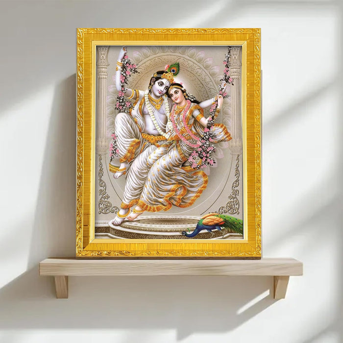 Divine Sri Radha and Krishna Religious Golden Photo Frame Stand able and Wall Hanging for Temple (13x18 cm)