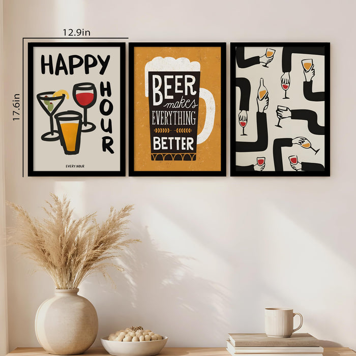 Bar and Beer Retro Graphic A3 Framed Poster for Living Room With Frame, “Happy Hour” Retro Framed Posters for Home Decor Bar Pub Lounge Dining area restaurant Hotel Set of 3, Size 33x45 cm