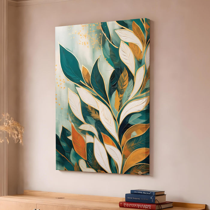 Abstract Botanical Leaves Stretched Canvas Painting For Living Room | Boho Tropical Stretched Canvas Wall Art For Livingroom Home Decor, Bedroom, Hallway's, Office, Hotel - 56x86 cm