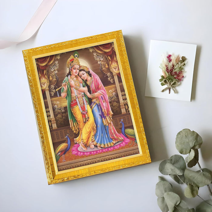 Divine Sri Radha and Krishna Purple Religious Golden Photo Frame Stand able and Wall Hanging (15x20 cm)