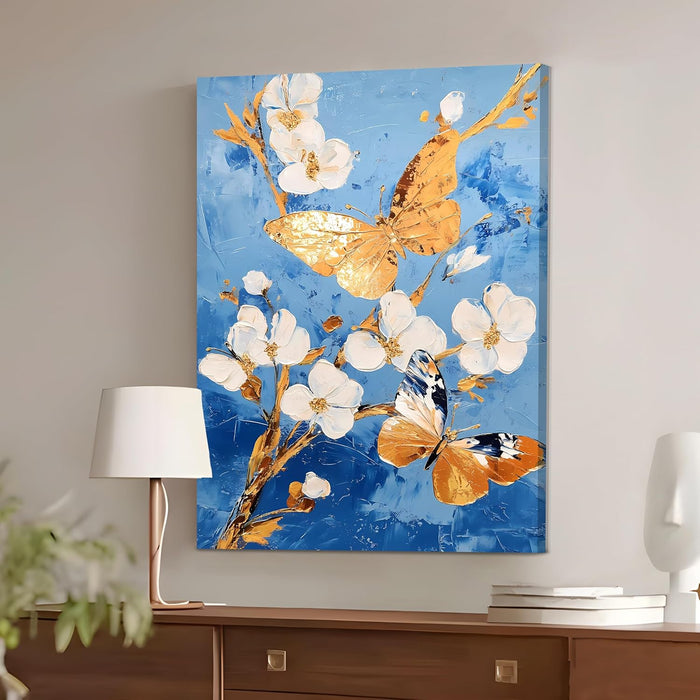 Portrait Abstract Canvas Wall Art painting Flower and Flying Butterfly Multicolor | Digital Painting on Canvas Stretched on Wood (22x34 Inch)