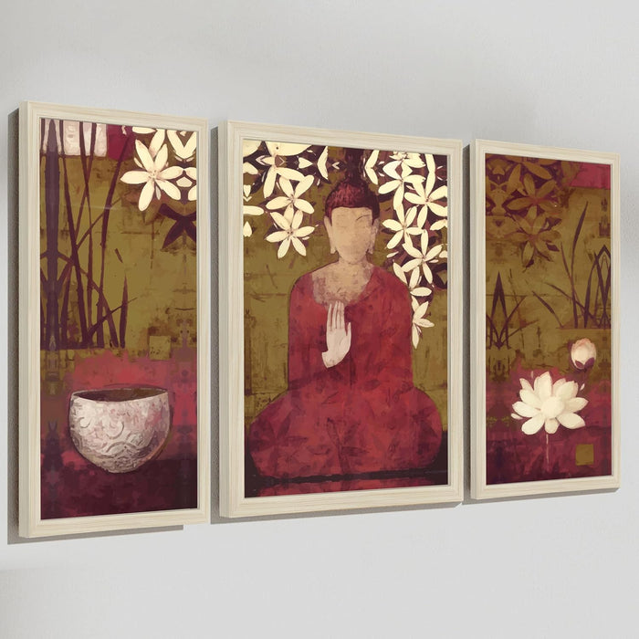 Buddha Floral Abstract Framed Wall Art Painting Home Décor Pack Of 3 | Digital Scenery Painting with Frame, Office Set Of 3, 22x46 cm, 33x44 cm