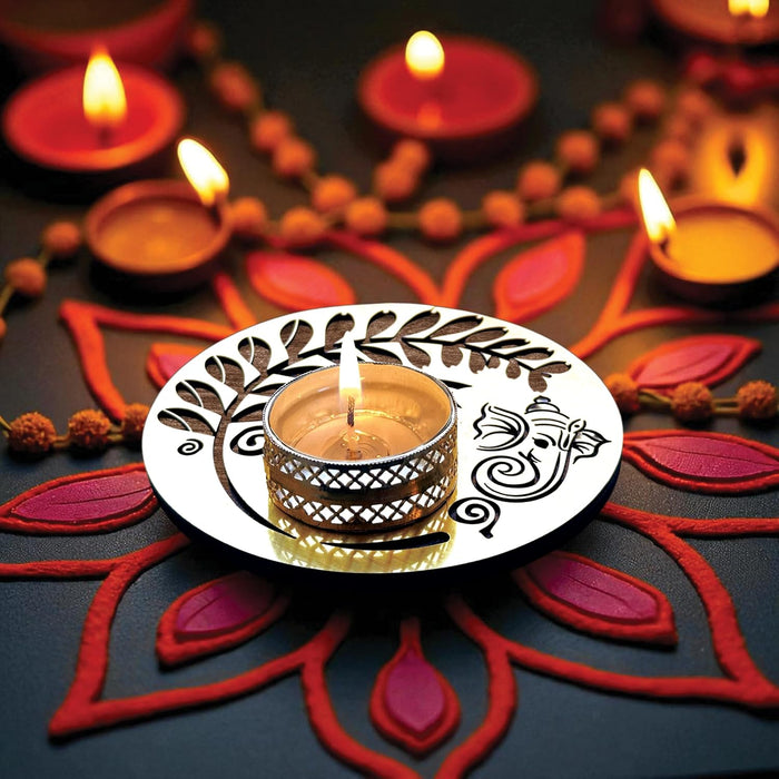 Decorative Diwali Tealight Diya Holders for Home Decoration, Dipawali Décor Items, Diwali Temple Decoration - Pack of 4 MDF Wood Tea Light Candle Holder Deity Ganesha Stand –11.5x11.5 cm