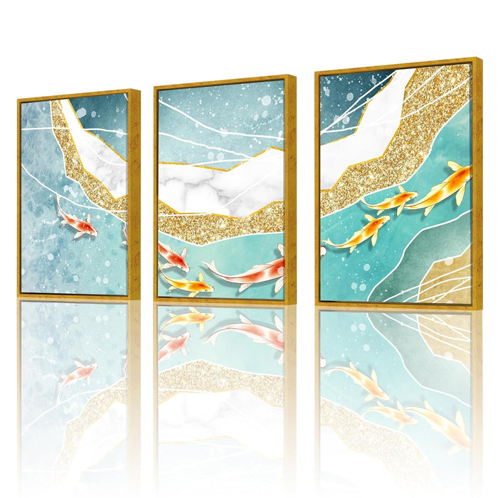 Art Street  Golden Fish In the Sea Canvas Painting For Home Décor(17x23 Inch, Set Of 3)