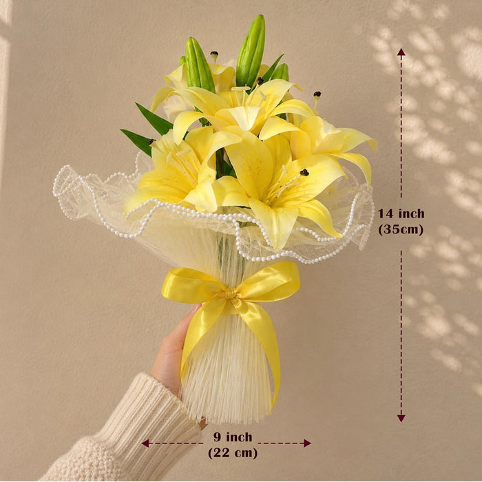 Art Street Artificial Yellow Lily Flower Bouquet with Decorative Wrapping | Realistic Fake Flowers