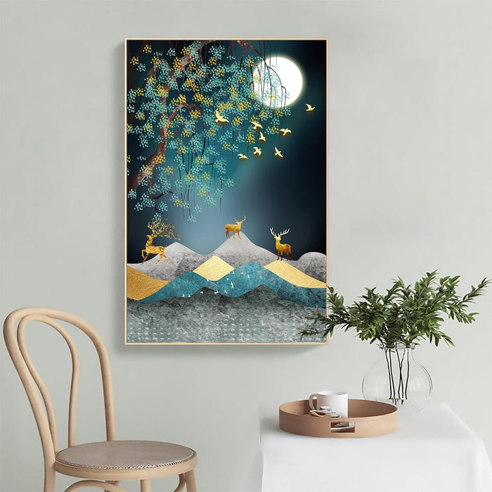 Canvas Painting Golden Emerald, Moon On Gold Line Mountain Framed Decorative Wall Art For Living Room (Size:23x35 Inch)