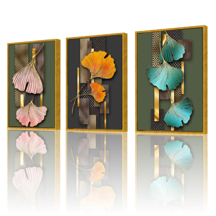 Abstract Golden Leaf Canvas Painting For Home Décor (17x23 Inch, Set Of 3)