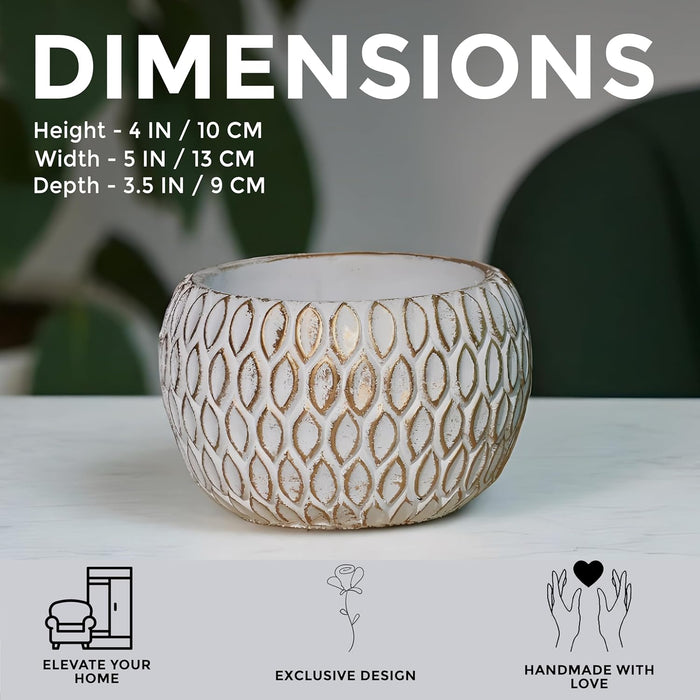 Handmade Cement Flower Pot Indoor Outdoor Plant Pot, Fade Resistant White and Golden Elegant Leaf Pattern Vase, Flower Vase Cemented Flower Vases 10x13 cm