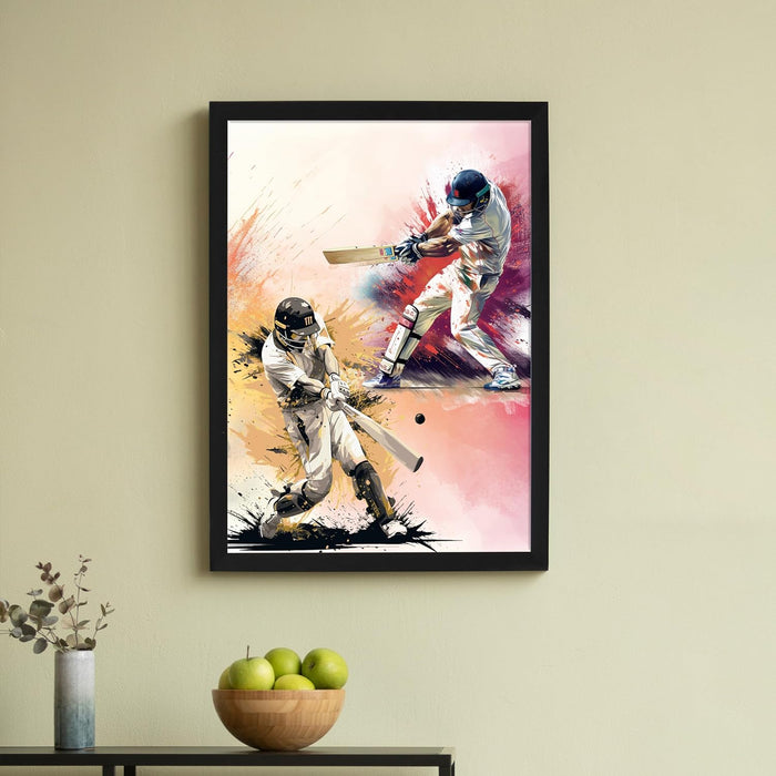 Art Street Cricket Player Batting Sports Framed Wall Hanging Poster For Home Decor, Living Room, Hotel and Office Decoration (12.7x17.5 Inch)