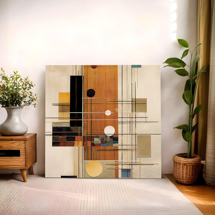 Modern Geometric Abstract Stretched Canvas Wall Art, Mid-Century Modern Textured Painting with Gold, Copper & Black Accents, Large Square Painting for Living Room & Office Decor (56xx56 cm)