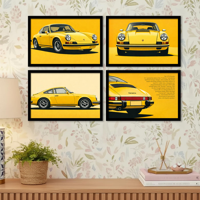Porsche 911 Classic Framed Wall Art Painting Set of 4 | Retro Yellow Sports Car Illustration Prints for Living Room, Office & Studio Décor, 23x32 cm