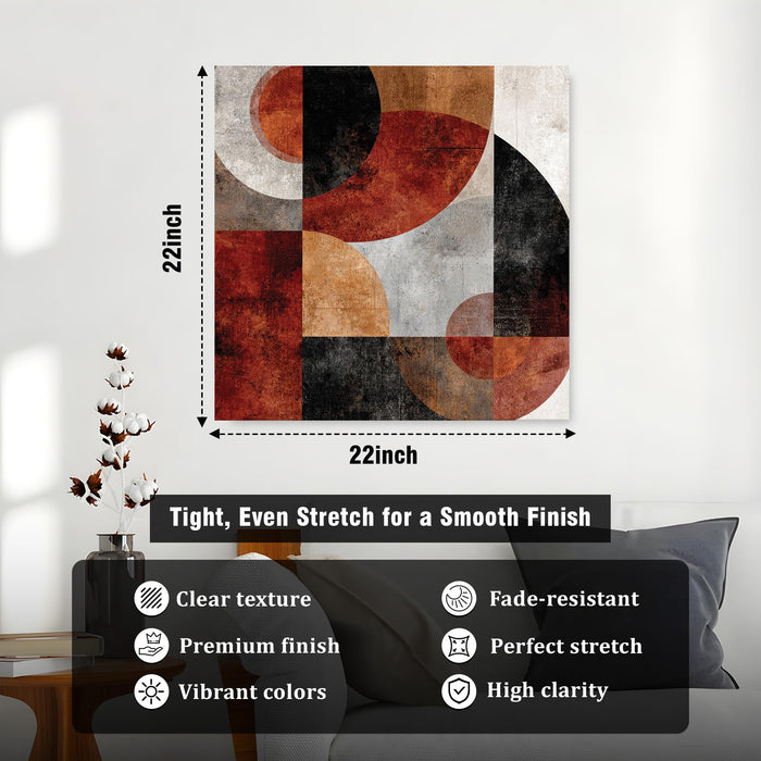 Modern Abstract Geometric Stretched Canvas Wall Art Painting For Living Room, Bauhaus-Inspired Rust, Terracotta & Black Circles Painting, Mid-Century Boho Decor for Living Room & Office (56xx56 cm)