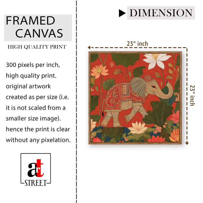 Pichwai Elephant Lotus Framed Painting For Living Room | Traditional Vastu Large Canvas Painting With Frame Wall Art For Bedroom, Hallway's, Office, Hotel, Size 58x58 cm