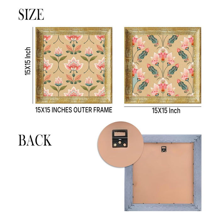 Lotus Floral Pattern Wall Art Prints, Elegant Lotus Designs (15x15 Inch)